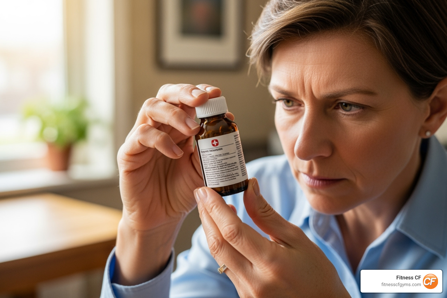 A person reading the label on a medicine bottle - painkillers for muscle and joint pain