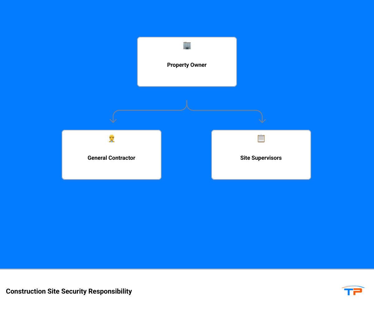 Detailed infographic showing construction site security responsibility hierarchy from property owner at top, through general contractor and site supervisors in middle, down to individual workers and subcontractors at bottom, with technology providers and security personnel shown as supporting elements - who is responsible for construction site security infographic hierarchy