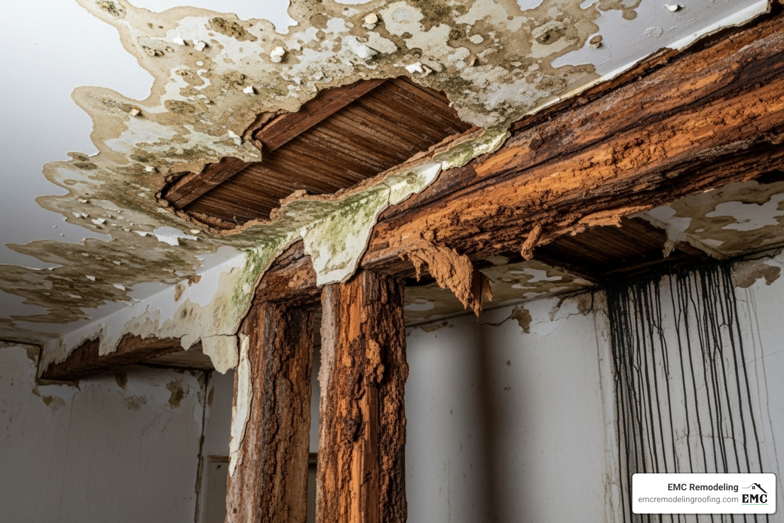 water-damaged ceiling and rotted wood beams - tin roof leaking