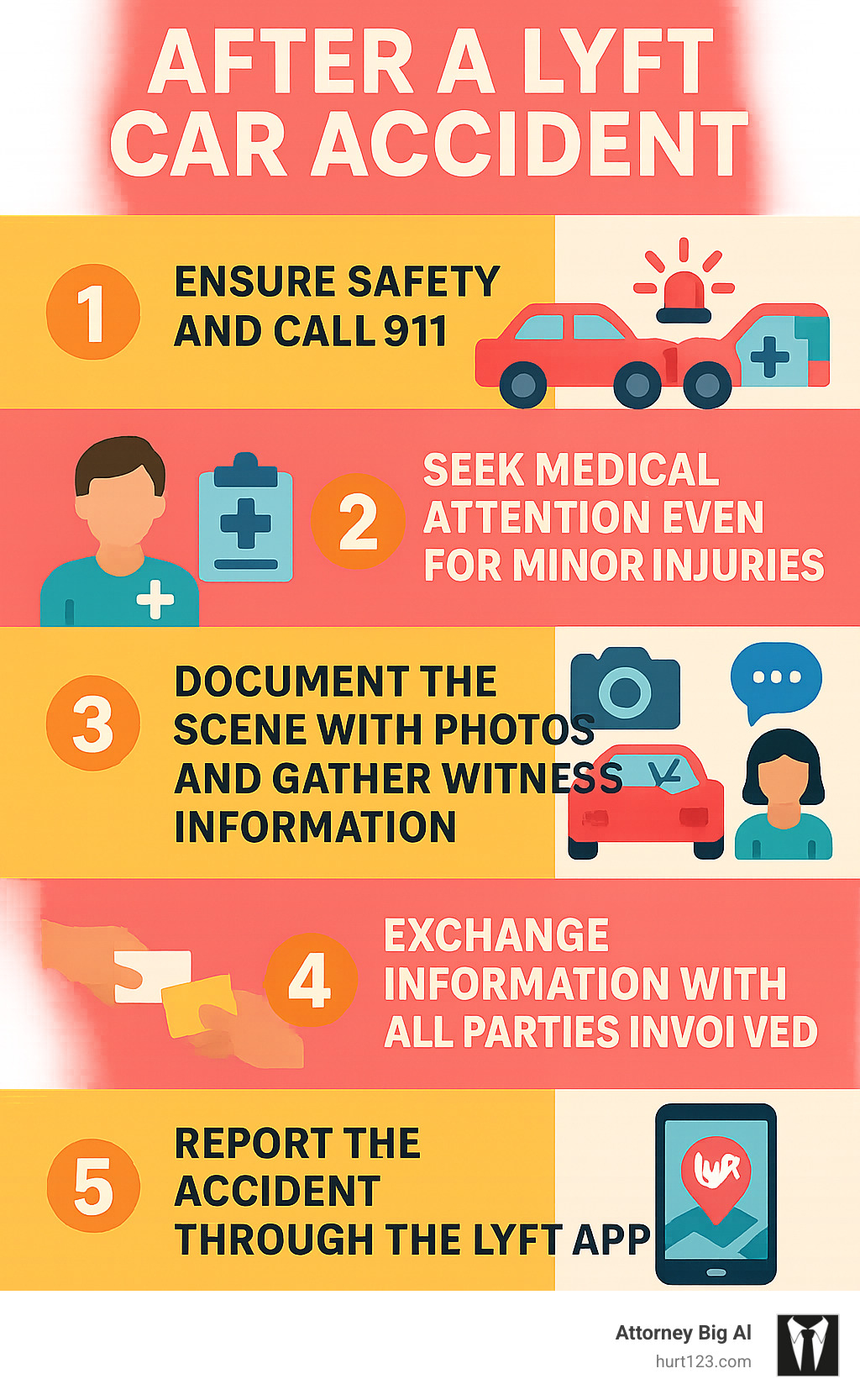 Infographic showing the 5 immediate steps after a Lyft car accident: 1) Ensure safety and call 911, 2) Seek medical attention even for minor injuries, 3) Document the scene with photos and gather witness information, 4) Exchange information with all parties involved, 5) Report the accident to Lyft through their app - lyft car accident infographic 