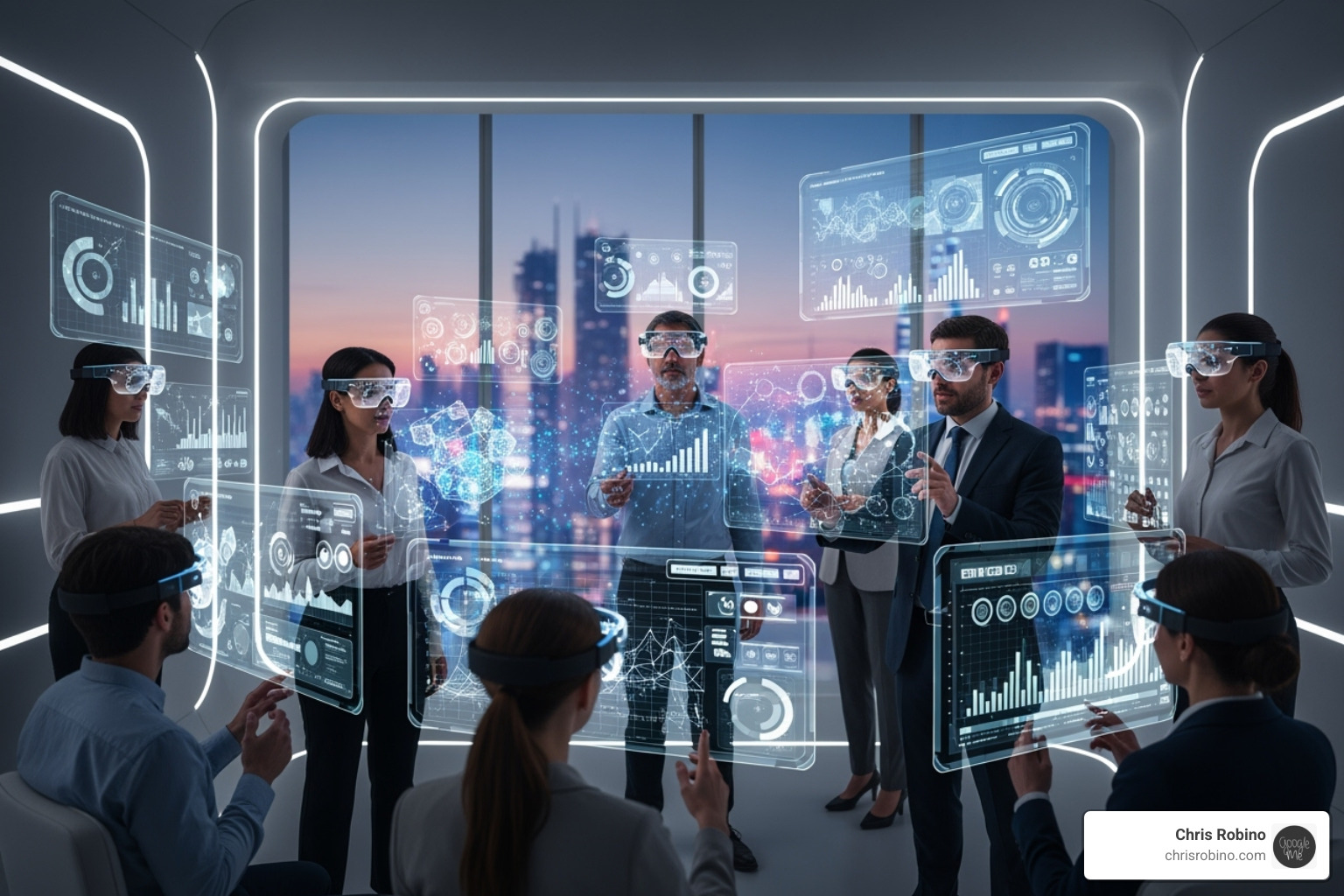 Professionals in a virtual meeting room with augmented reality data overlays - Future of communication Professionals in a virtual meeting room with augmented reality data overlays - Future of communication