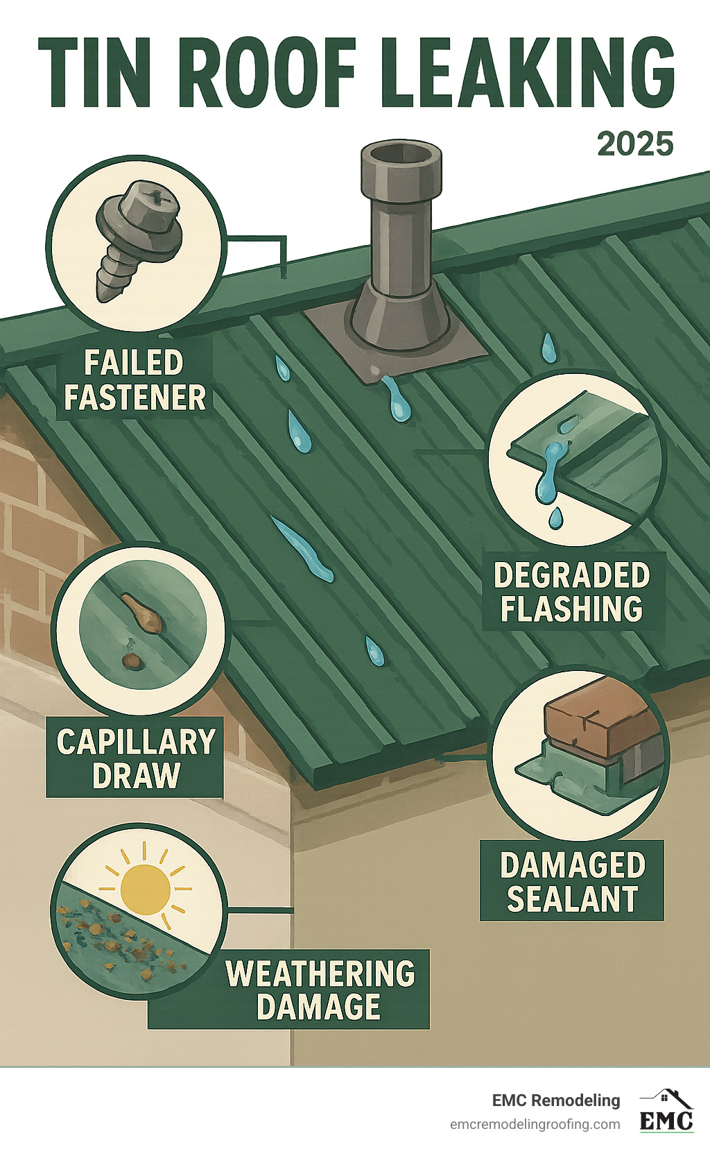 Infographic showing common tin roof leak points including failed fasteners with worn rubber washers, degraded flashing around vents and chimneys, capillary draw at panel seams, damaged sealants at transitions, and weathering damage from UV exposure and debris accumulation - tin roof leaking infographic 