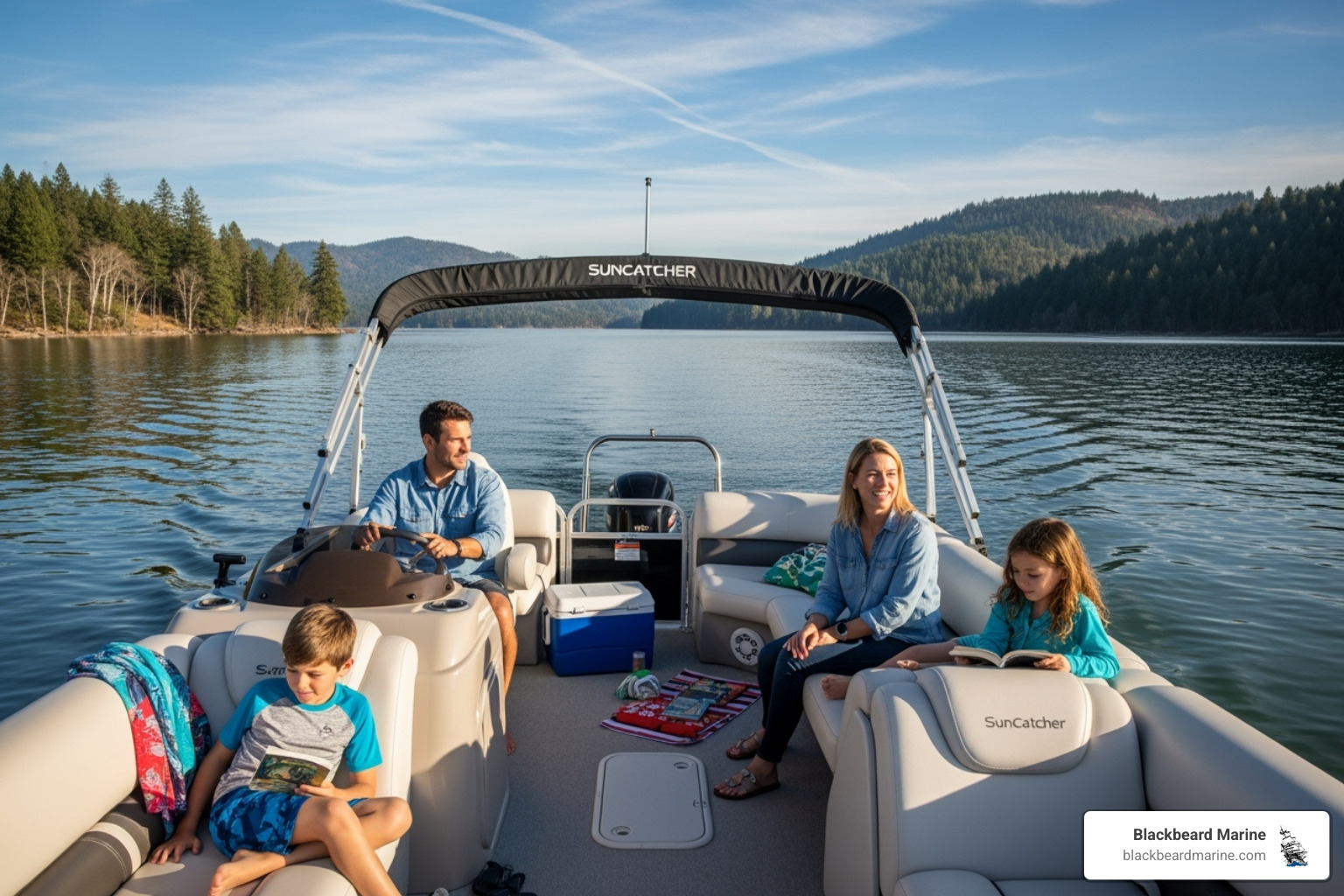 A family relaxing on a Suncatcher pontoon boat, enjoying the spacious deck and comfortable seating with a scenic lake background. - Boat rentals for families