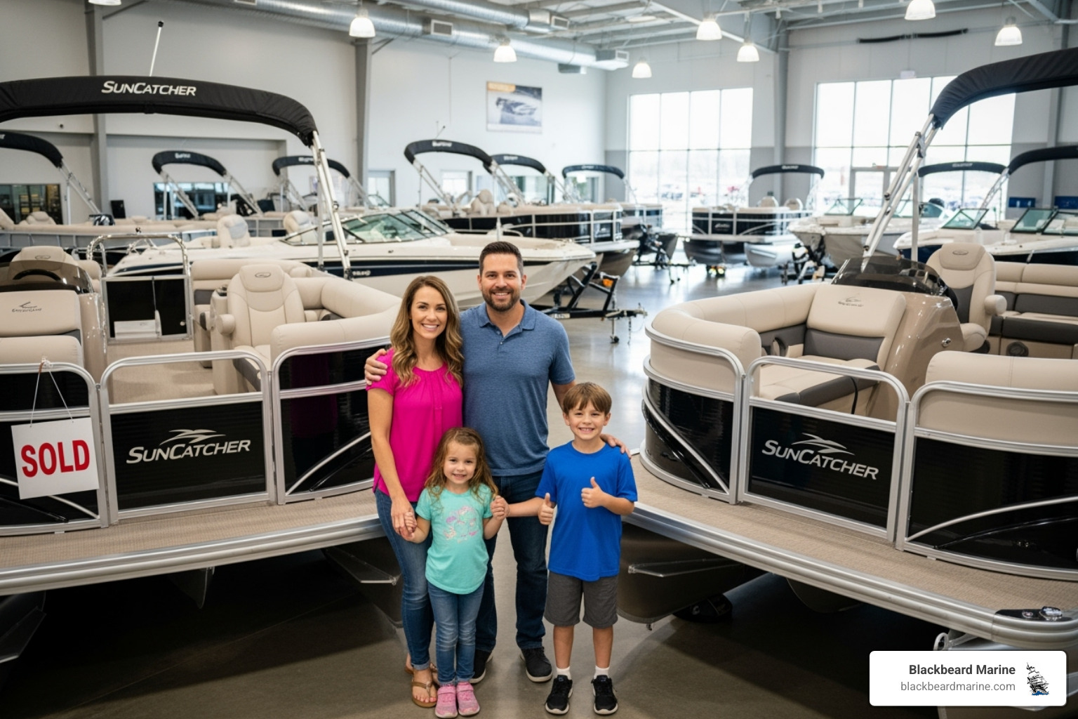 A happy family standing proudly beside their new Suncatcher pontoon boat at a Blackbeard Marine dealership, symbolizing boat ownership. - Boat rentals for families