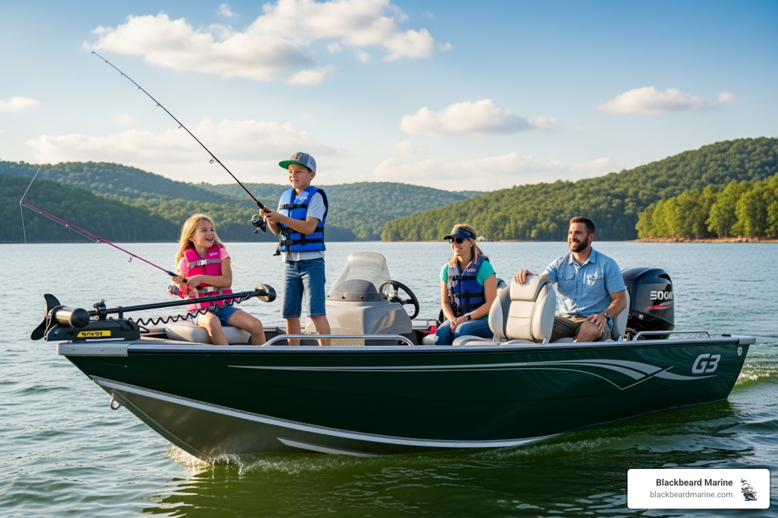 A family enjoying a fishing trip on a G3 fishing boat on Table Rock Lake, with kids holding fishing rods and parents smiling. - Boat rentals for families