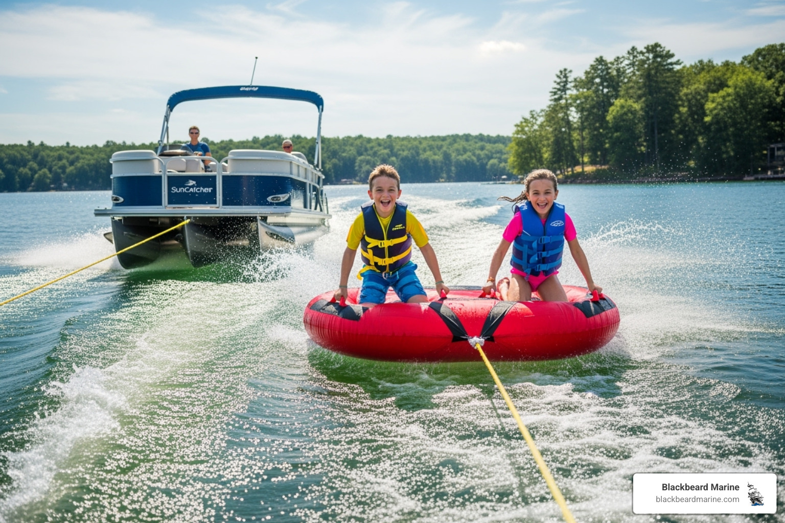 Kids laughing as they tube behind a Suncatcher pontoon boat on Lake Texoma, enjoying the thrill of the water. - Boat rentals for families