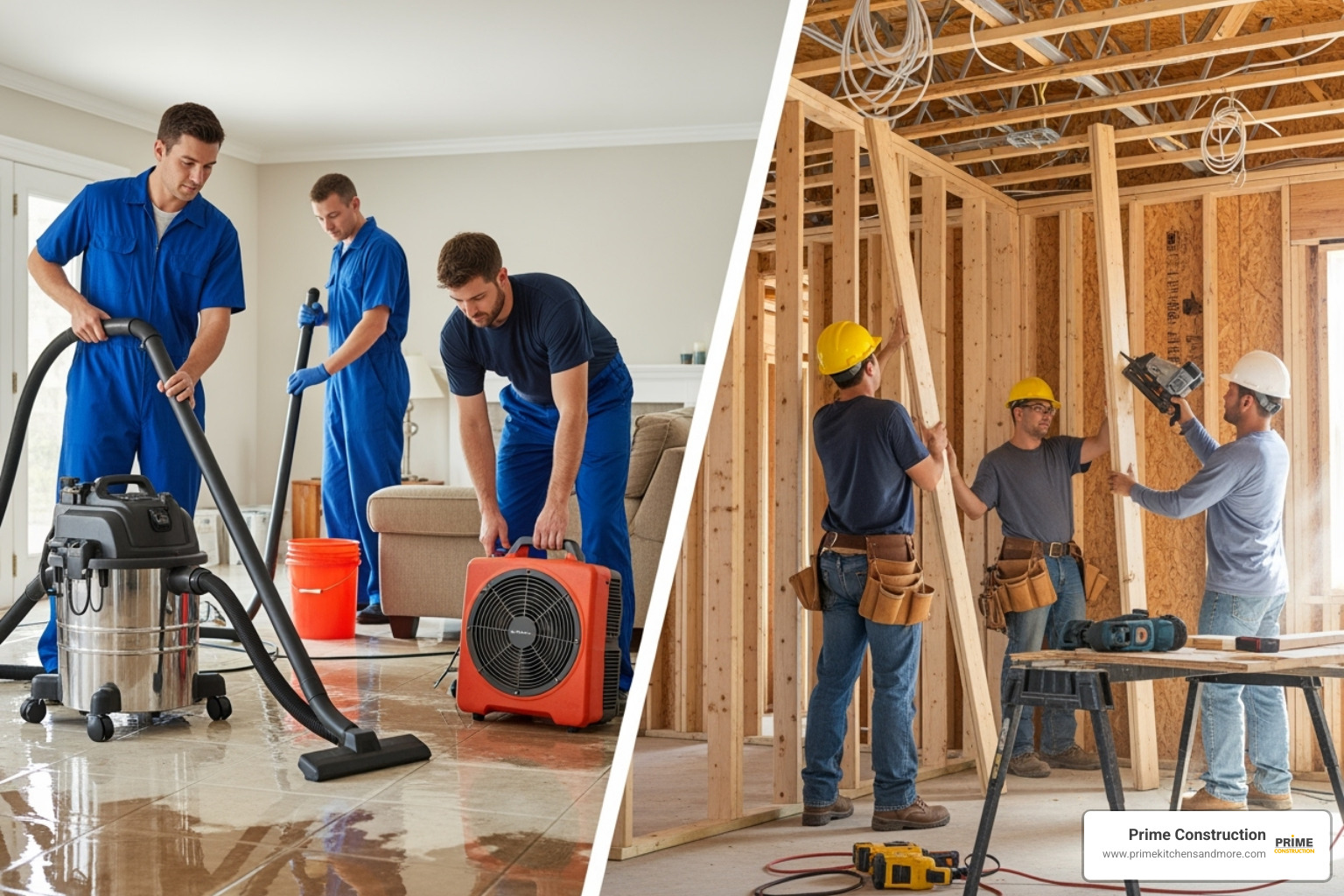 Split screen showing a restoration crew cleaning up water on one side and a construction crew framing a new wall on the other - restoration general contractor