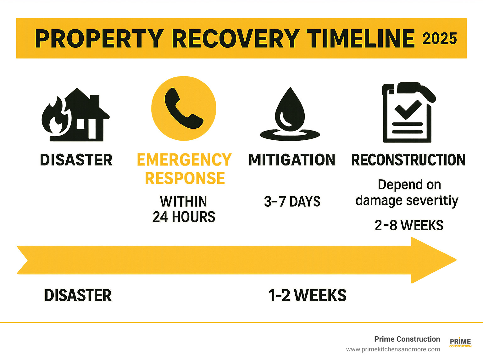 Infographic showing the property recovery timeline from disaster to completion, including emergency response within 24 hours, mitigation phase lasting 3-7 days, insurance documentation period of 1-2 weeks, and reconstruction phase spanning 2-8 weeks depending on damage severity - restoration general contractor infographic 