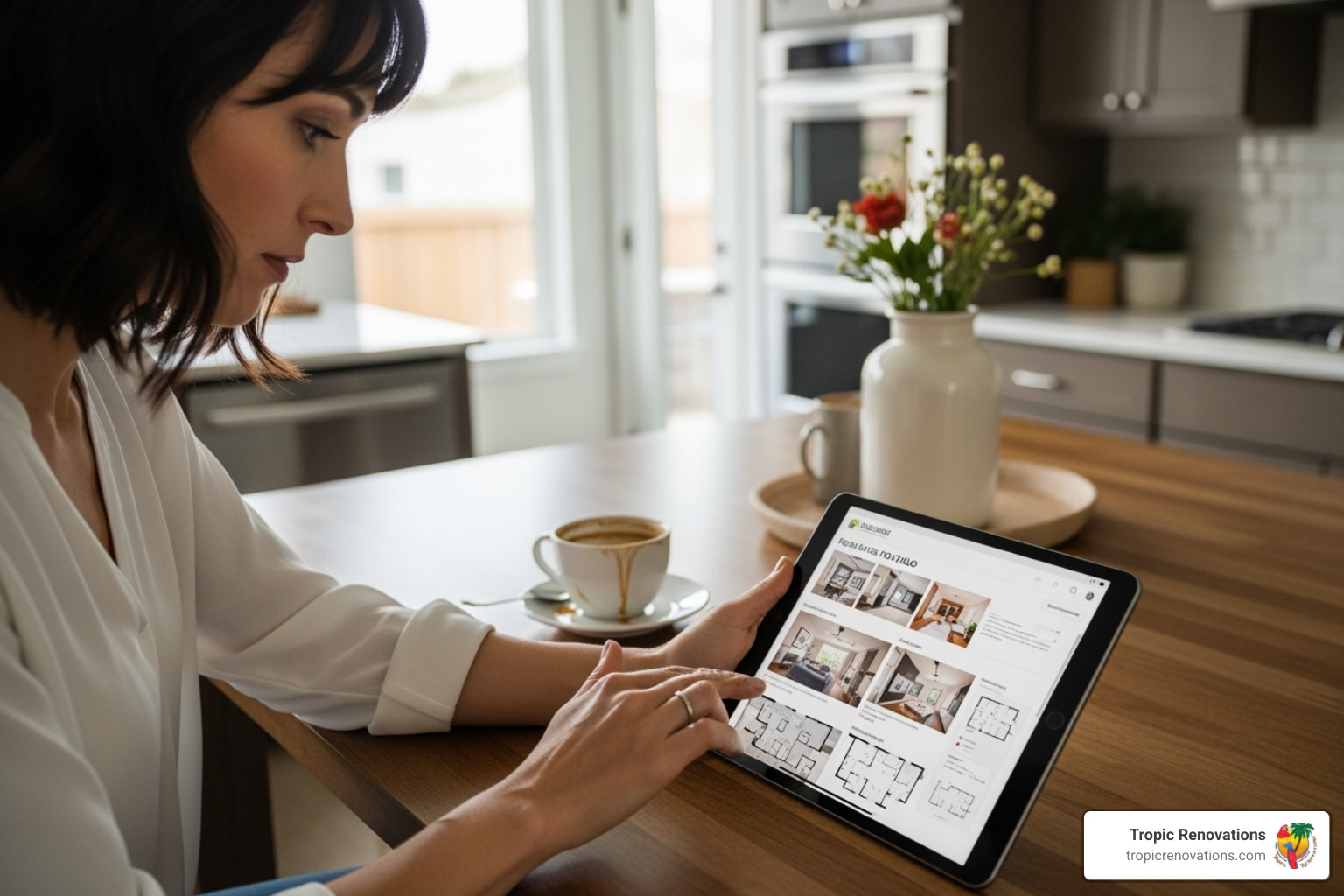 Homeowner reviewing a contractor's portfolio on a tablet - how to select a design build contractor Homeowner reviewing a contractor's portfolio on a tablet - how to select a design build contractor