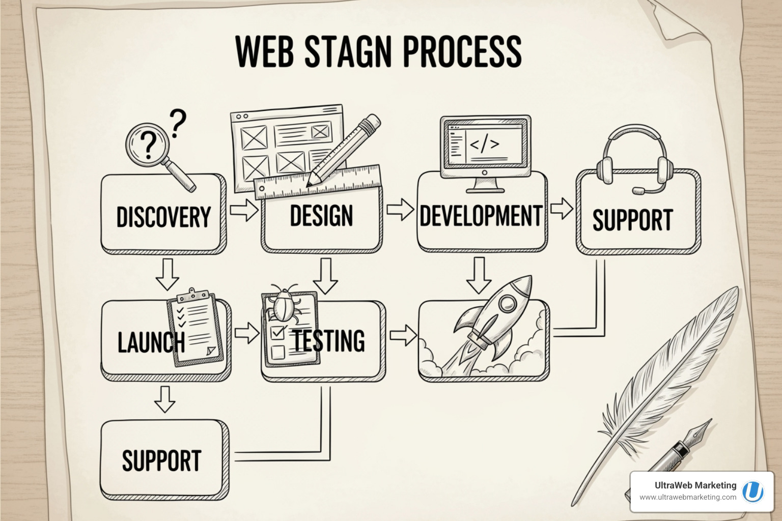 A detailed flowchart illustrating the typical web design process, from initial consultation and findy to design, development, testing, launch, and ongoing support - wordpress web design agency near me