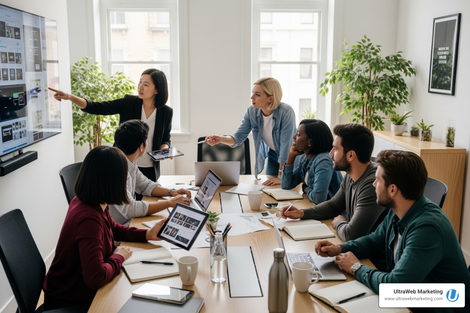 A diverse team of web designers and developers collaborating around a table in a bright, modern office, discussing design mockups on a large screen - wordpress web design agency near me