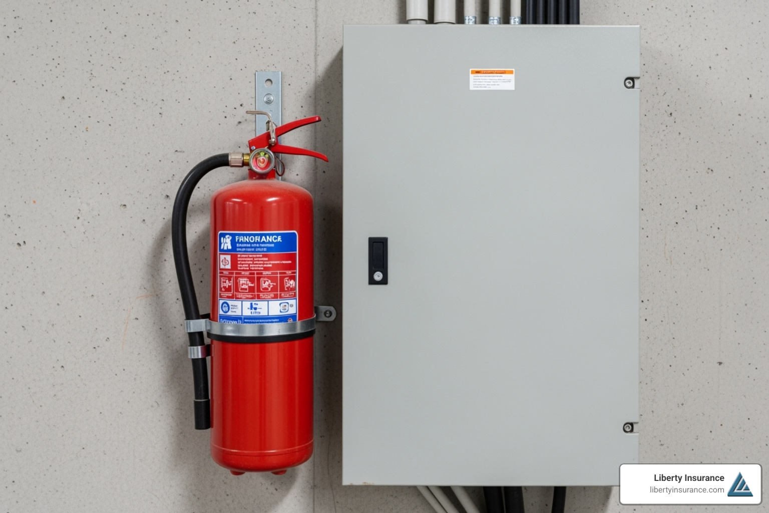 A fire extinguisher next to an electrical panel - electrical system failure