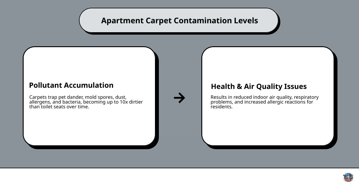 Infographic showing apartment carpet contamination levels including bacteria levels 10x higher than toilet seats, common allergens like pet dander and dust mites, pollutant accumulation over time, and health impacts including respiratory issues and allergic reactions - Apartment carpet cleaning infographic cause_effect_text