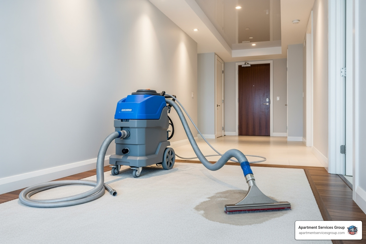 steam cleaning equipment in condo hallway - Apartment carpet cleaning