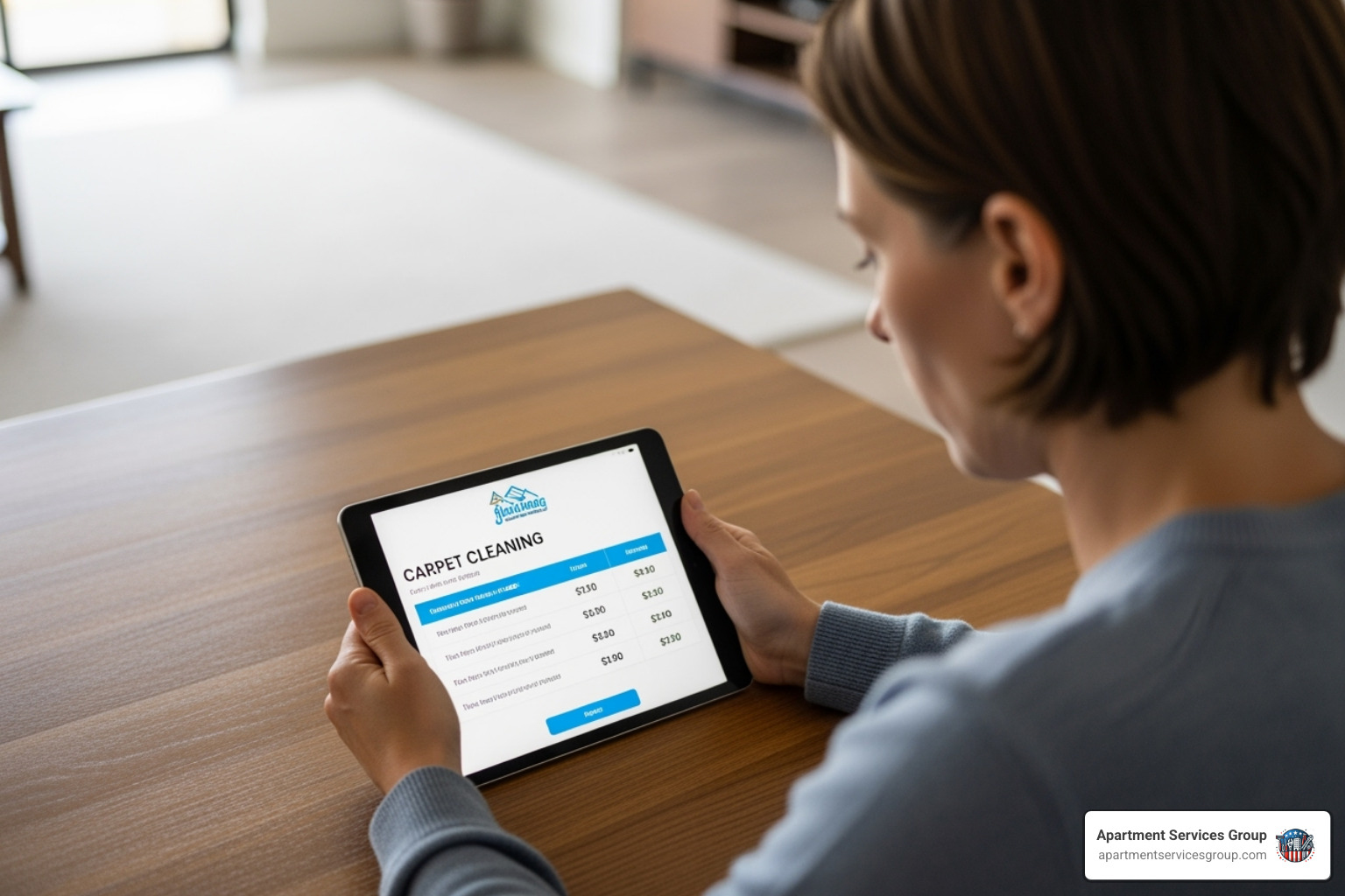 person looking at carpet cleaning quote on tablet - Apartment carpet cleaning