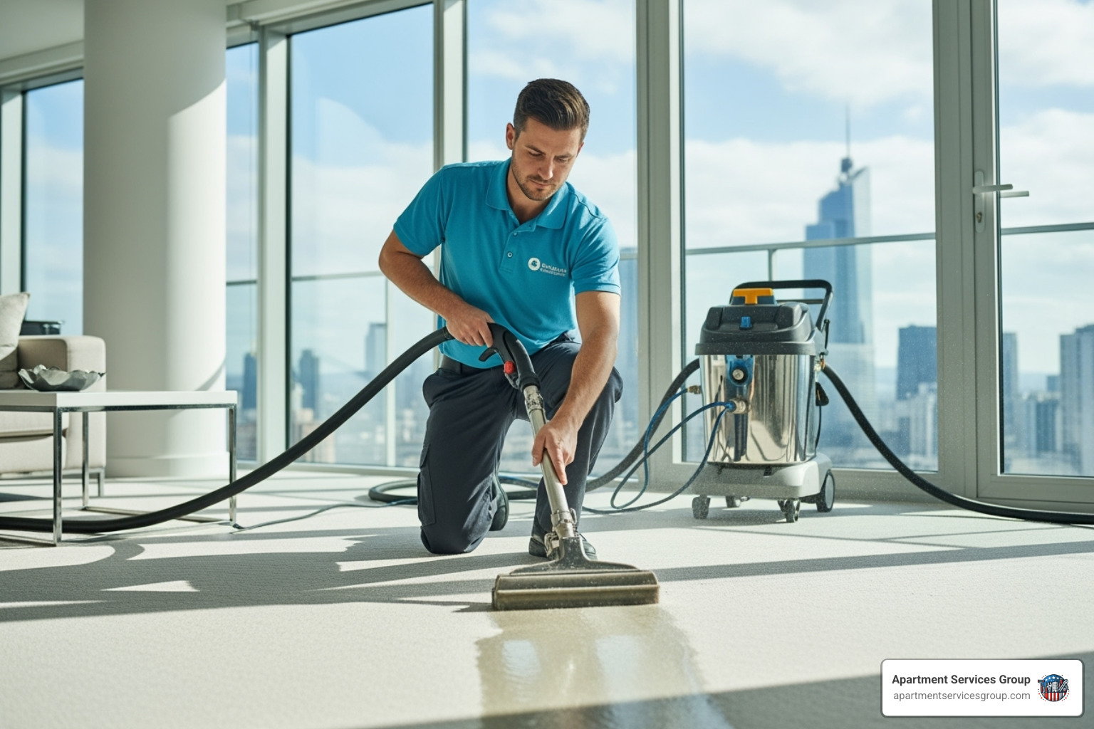 technician cleaning carpet in high-rise apartment - Apartment carpet cleaning
