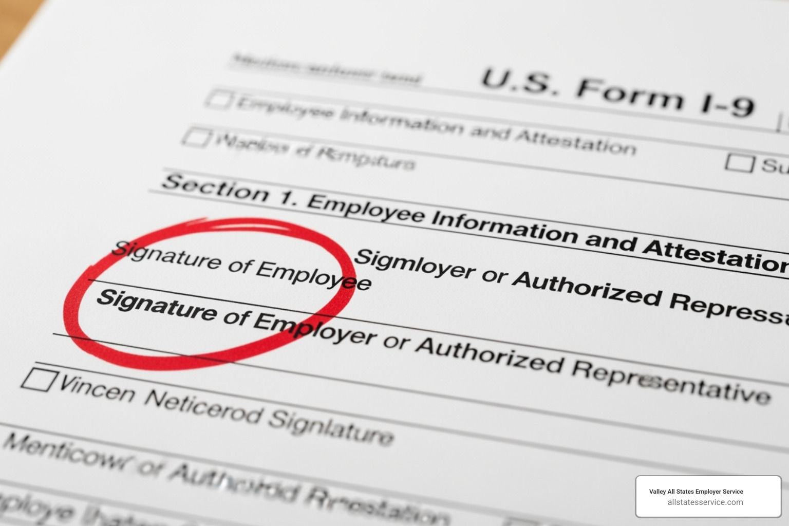 Common I-9 error with missing signature circled in red - employer i 9 verification