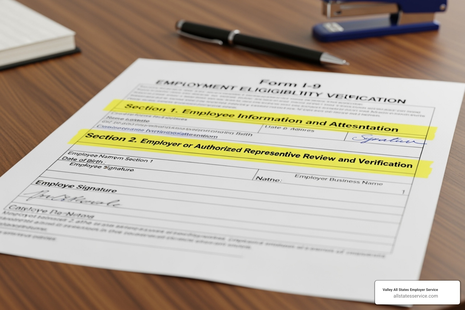 Form I-9 highlighting Section 1 and Section 2 - employer i 9 verification