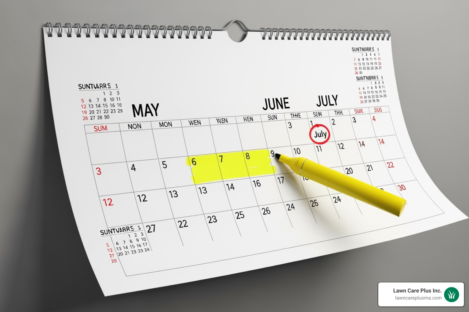 calendar with May-July highlighted for Snow Contract Planning - commercial snow removal contracts