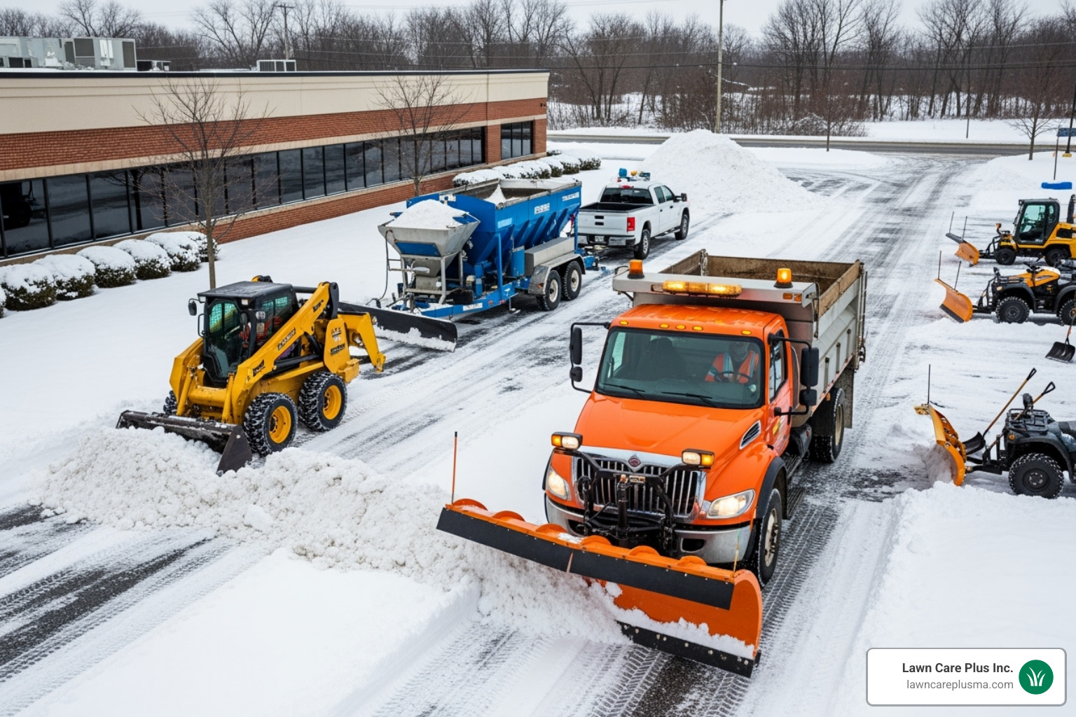 various snow removal equipment like a plow truck, skid steer, and salt spreader - commercial snow removal contracts