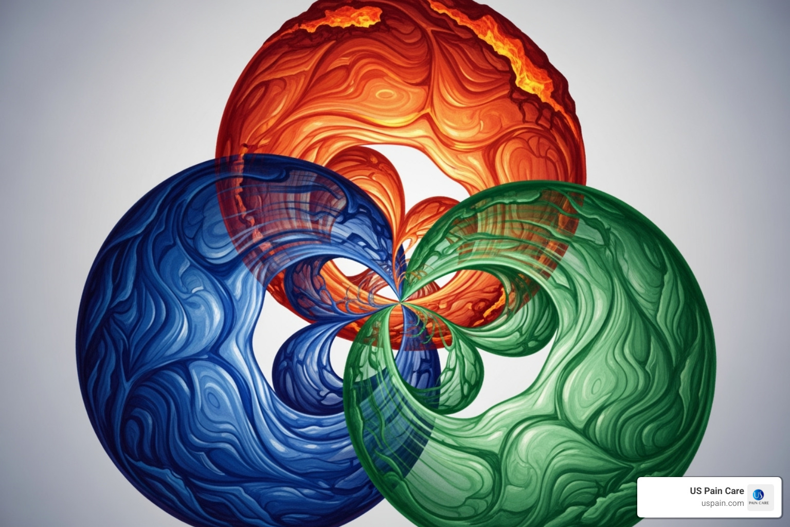 Diagram showing three overlapping circles labeled "Biological," "Psychological," and "Social," with "Pain Experience" at their intersection, illustrating the biopsychosocial model of pain. - define pain