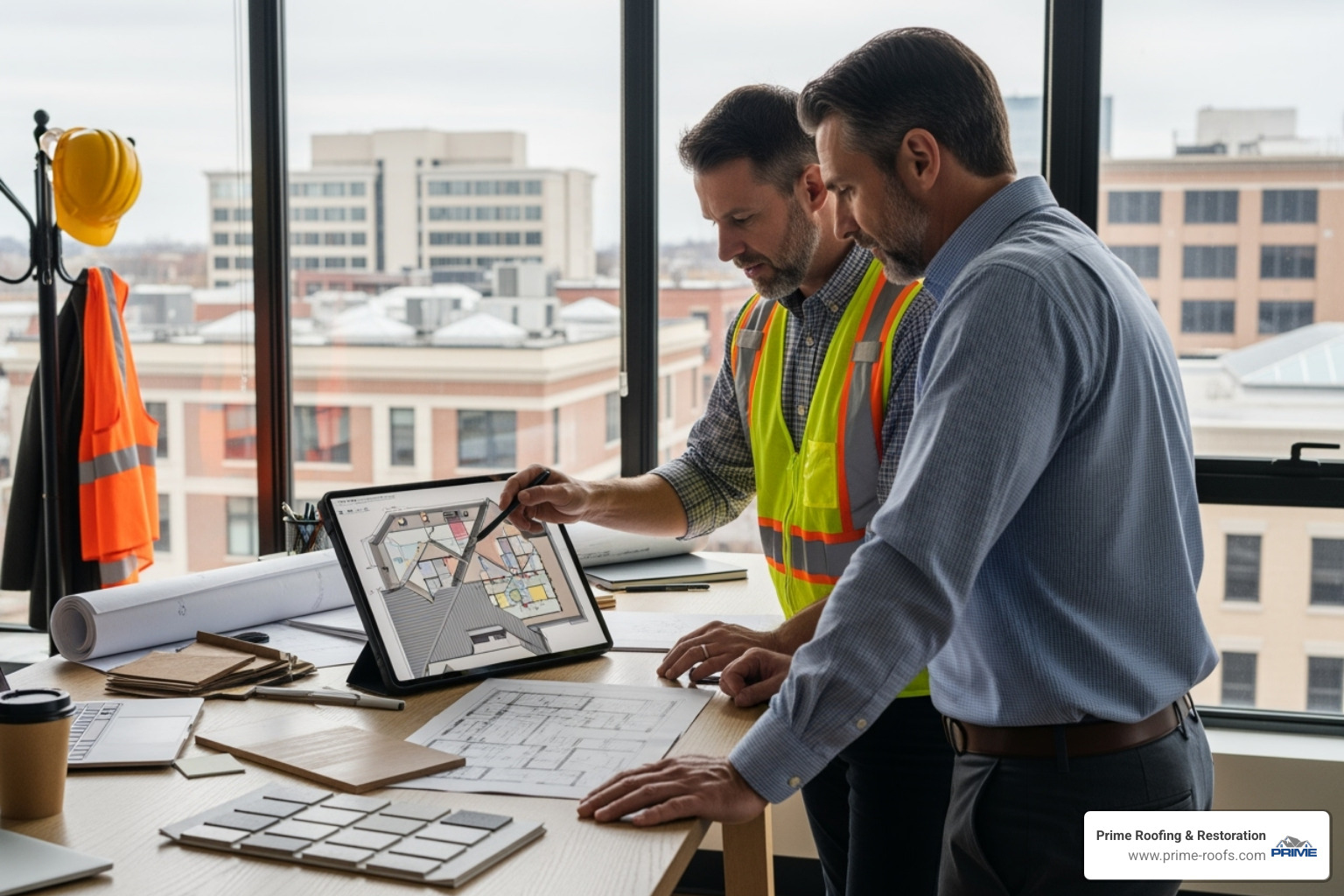 Image of a project manager and business owner reviewing a roofing plan on a tablet - commercial roofing contractor hoover al