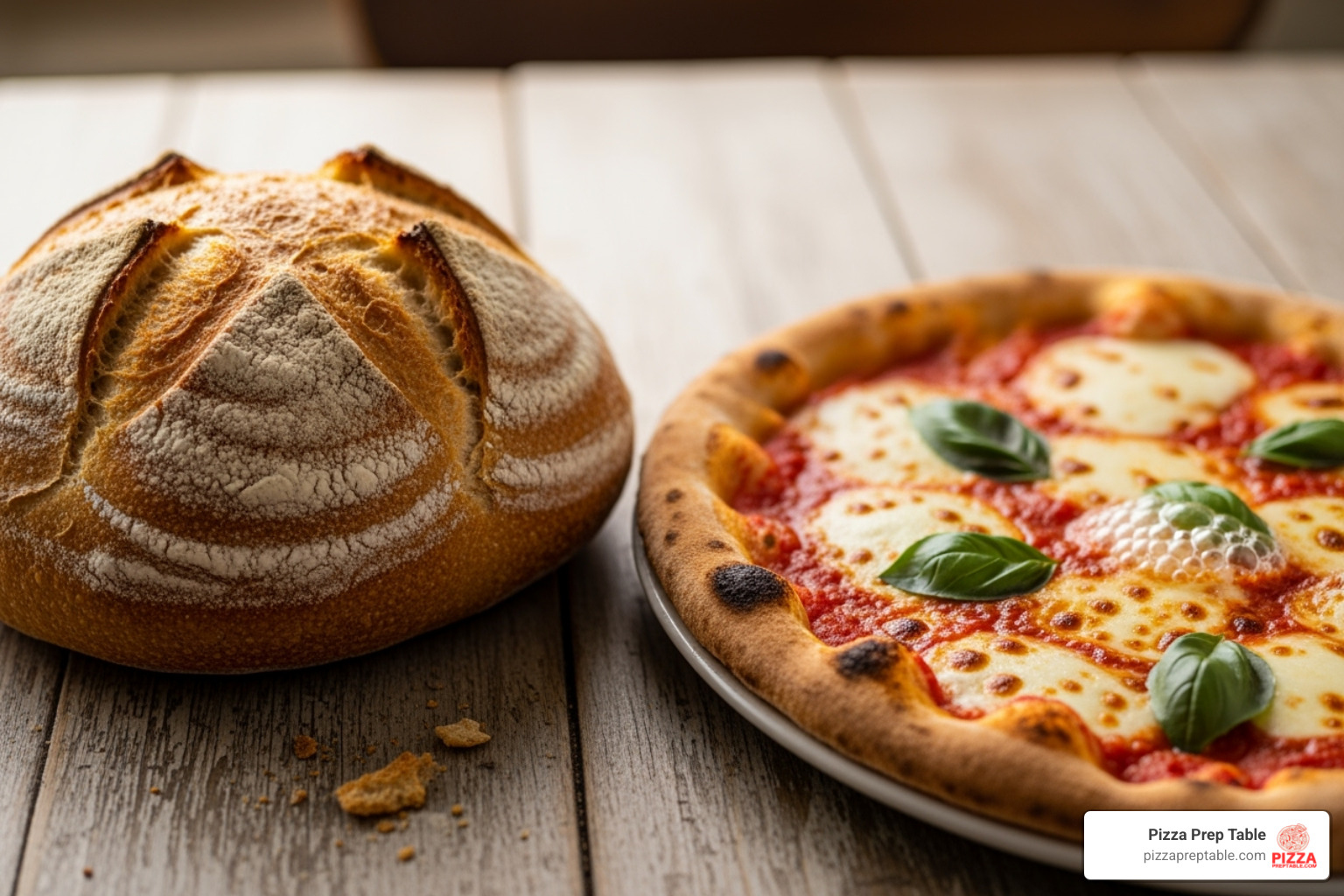 finished, perfectly baked artisan loaf of bread next to a pizza - spiral mixers finished, perfectly baked artisan loaf of bread next to a pizza - spiral mixers