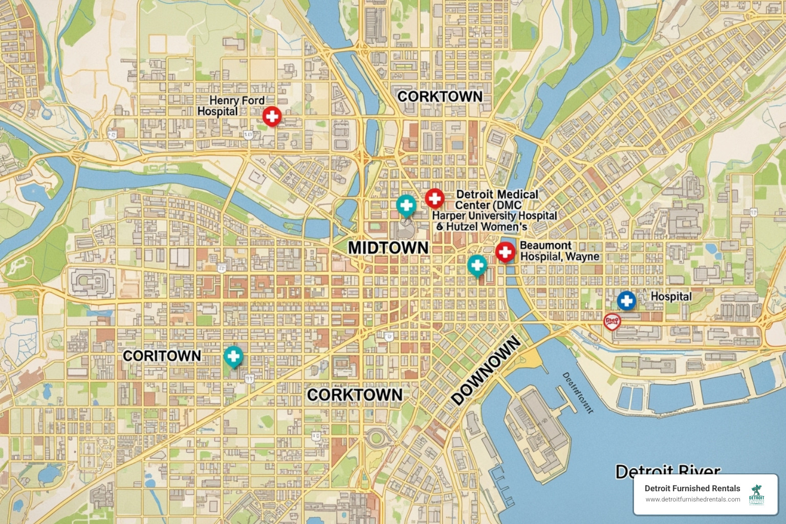 A map of Detroit highlighting key neighborhoods like Midtown, Corktown, and Downtown in relation to major hospitals - monthly rentals for nurses detroit