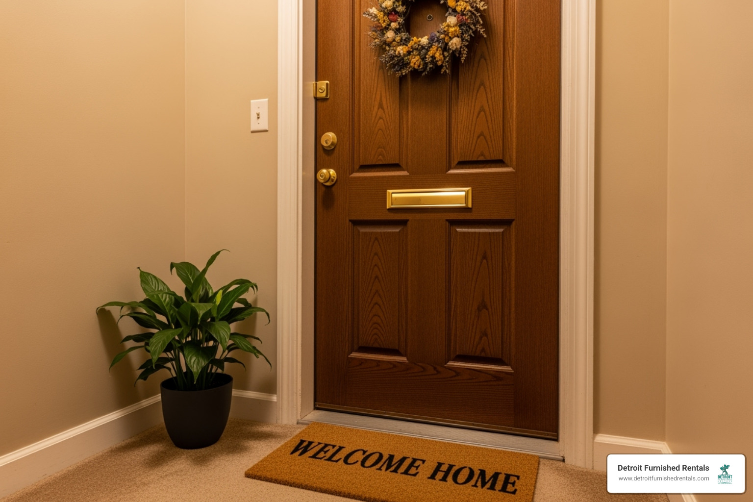 A welcoming apartment door with a "Welcome Home" mat - monthly rentals for nurses detroit