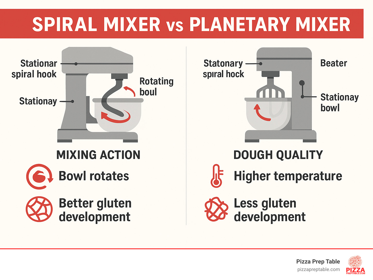 Detailed comparison infographic showing side-by-side spiral mixer vs planetary mixer with labeled parts, mixing actions, and dough quality outcomes including temperature differences and gluten development - spiral mixers infographic  Detailed comparison infographic showing side-by-side spiral mixer vs planetary mixer with labeled parts, mixing actions, and dough quality outcomes including temperature differences and gluten development - spiral mixers infographic