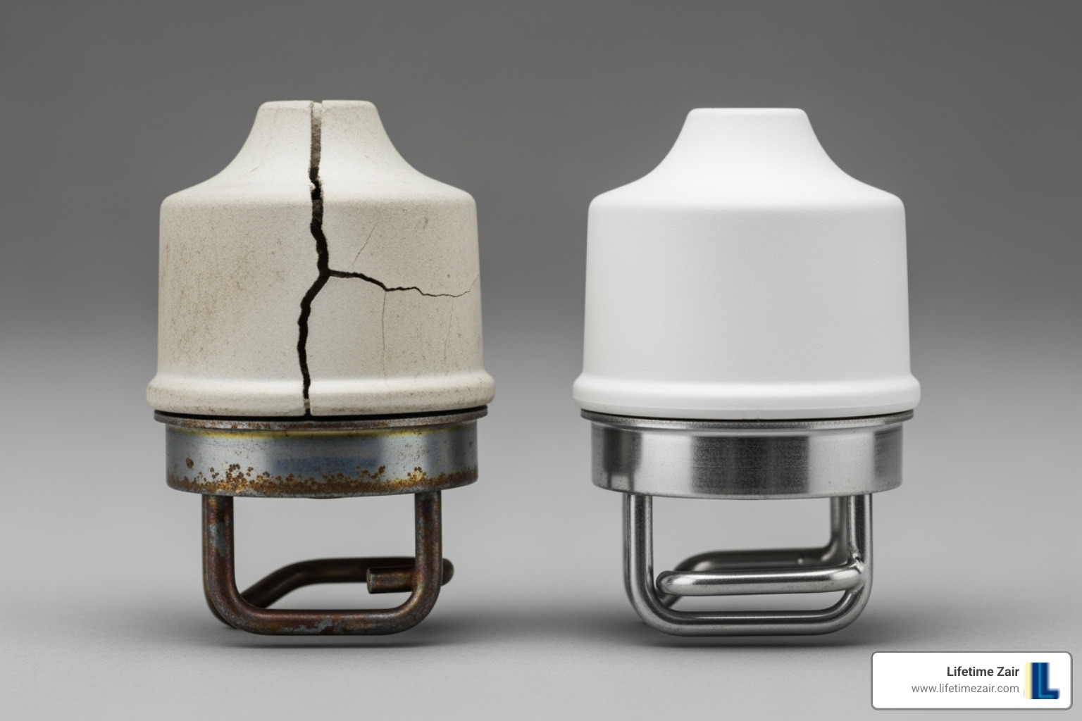 Comparing a cracked, worn-out ignitor next to a new one - Furnace ignitor replacement