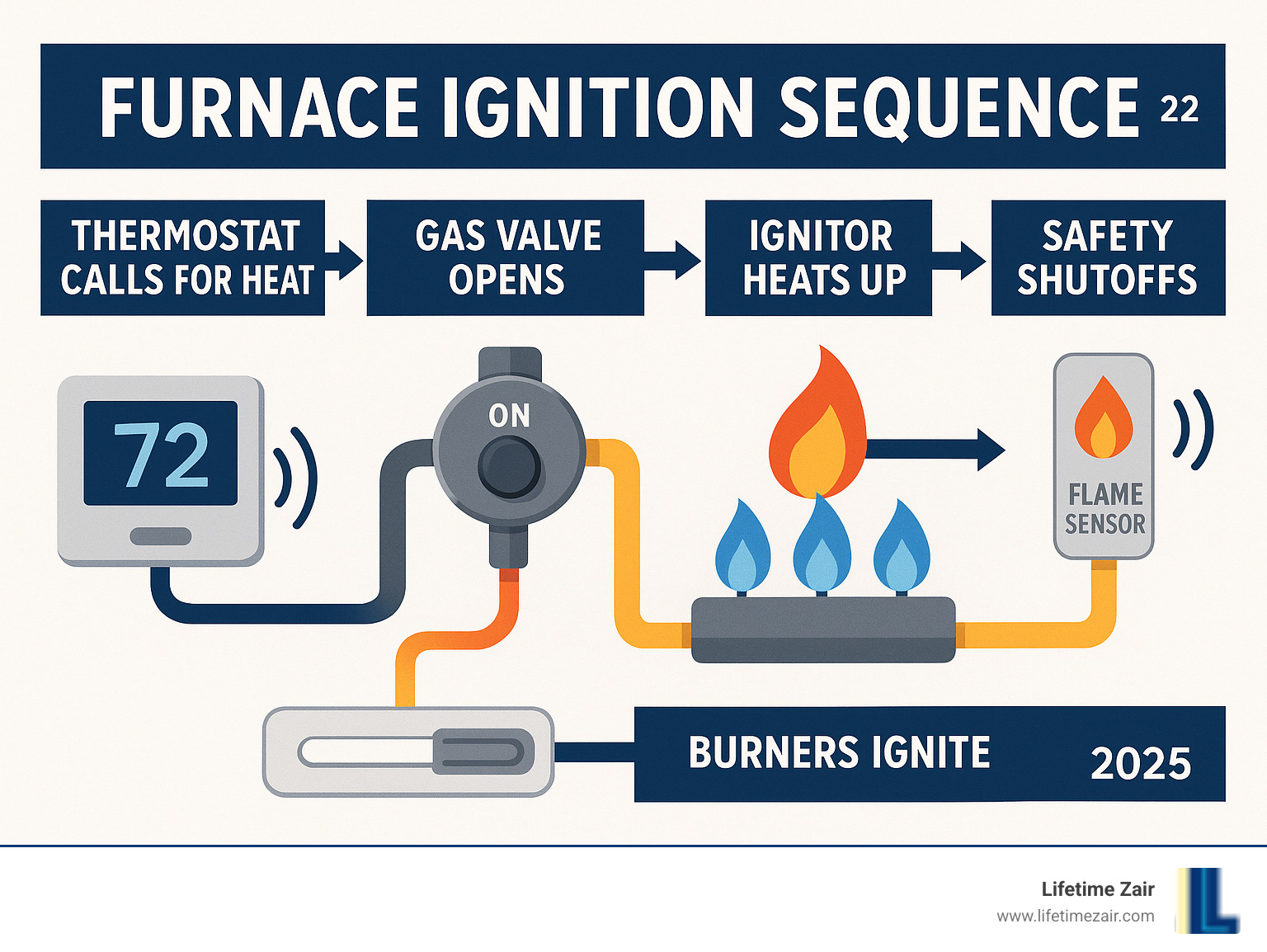 Detailed infographic showing the complete furnace ignition sequence from thermostat signal through gas valve opening, ignitor heating, flame detection, and burner operation with safety shutoffs - Furnace ignitor replacement infographic 