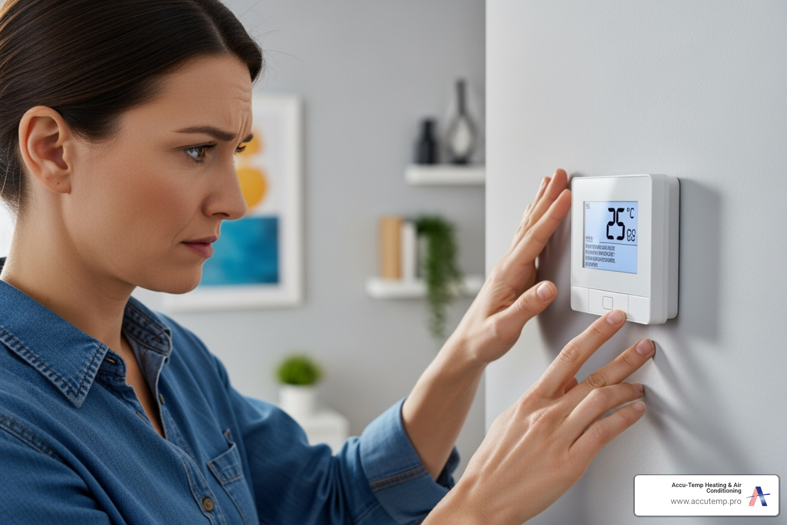 homeowner looking concerned at their thermostat - heat pump repair daytona homeowner looking concerned at their thermostat - heat pump repair daytona