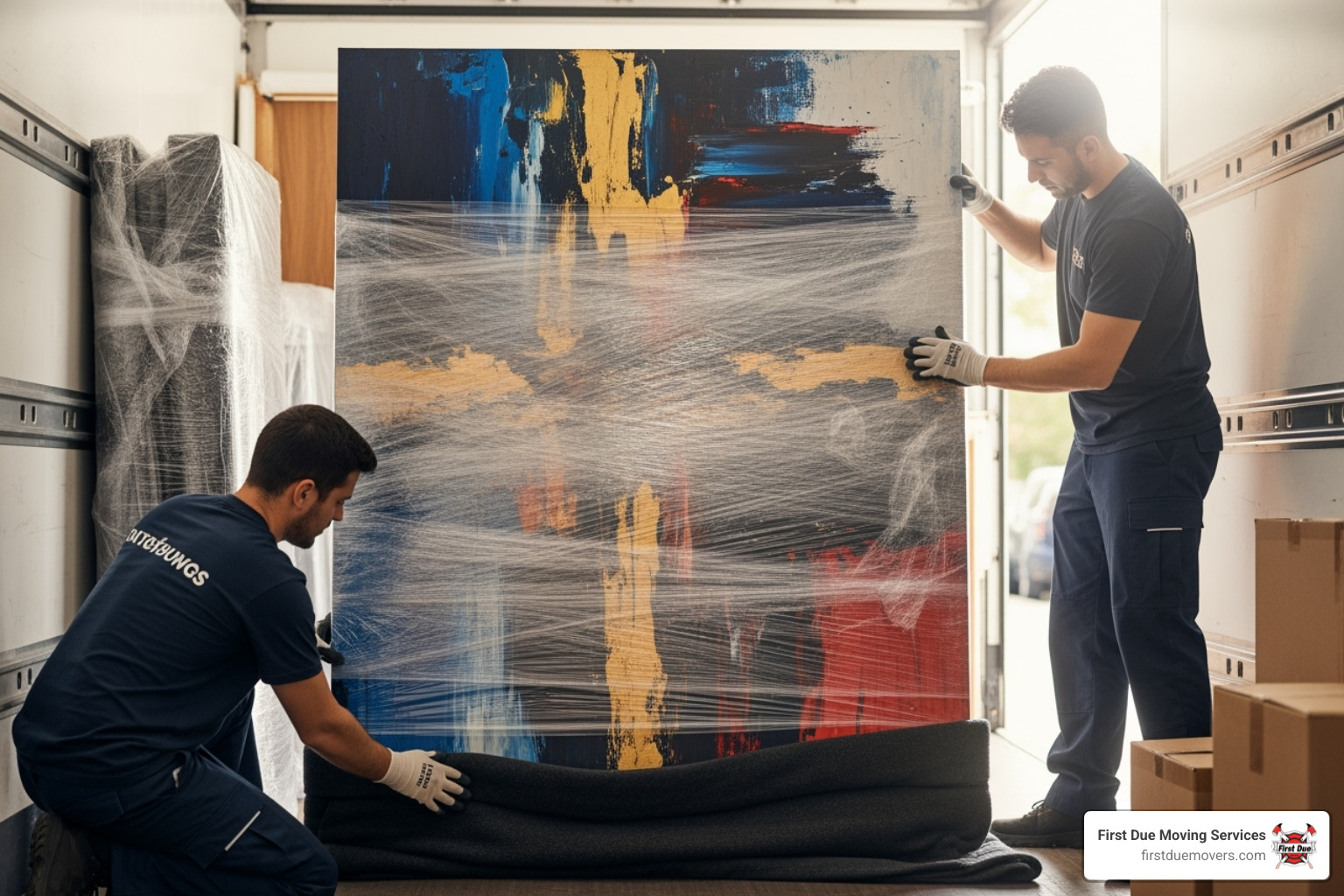 Movers carefully wrapping a large piece of art - Spokane moving company Movers carefully wrapping a large piece of art - Spokane moving company