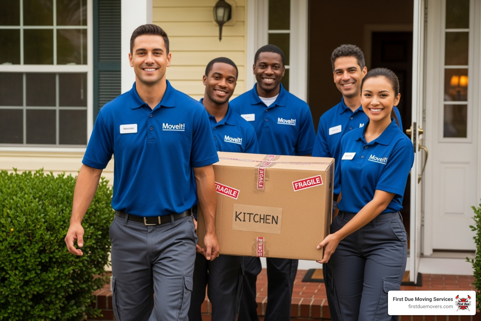 Uniformed movers smiling and carrying a box - Spokane moving company Uniformed movers smiling and carrying a box - Spokane moving company