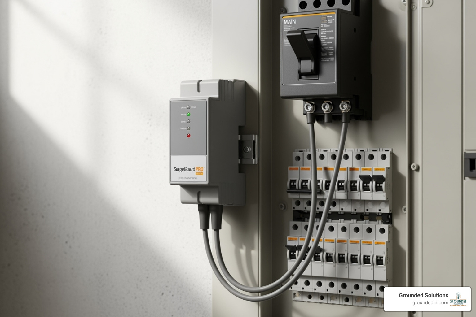 Whole-home surge protector installed on a residential electrical panel, showcasing its compact size and connection to the main breaker box - Whole-Home Surge Protector Installation Indianapolis