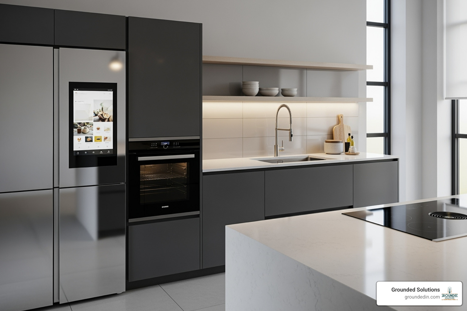 Modern kitchen with sleek smart appliances, including a refrigerator and oven, highlighting the valuable electronics protected by a whole-home surge protector - Whole-Home Surge Protector Installation Indianapolis
