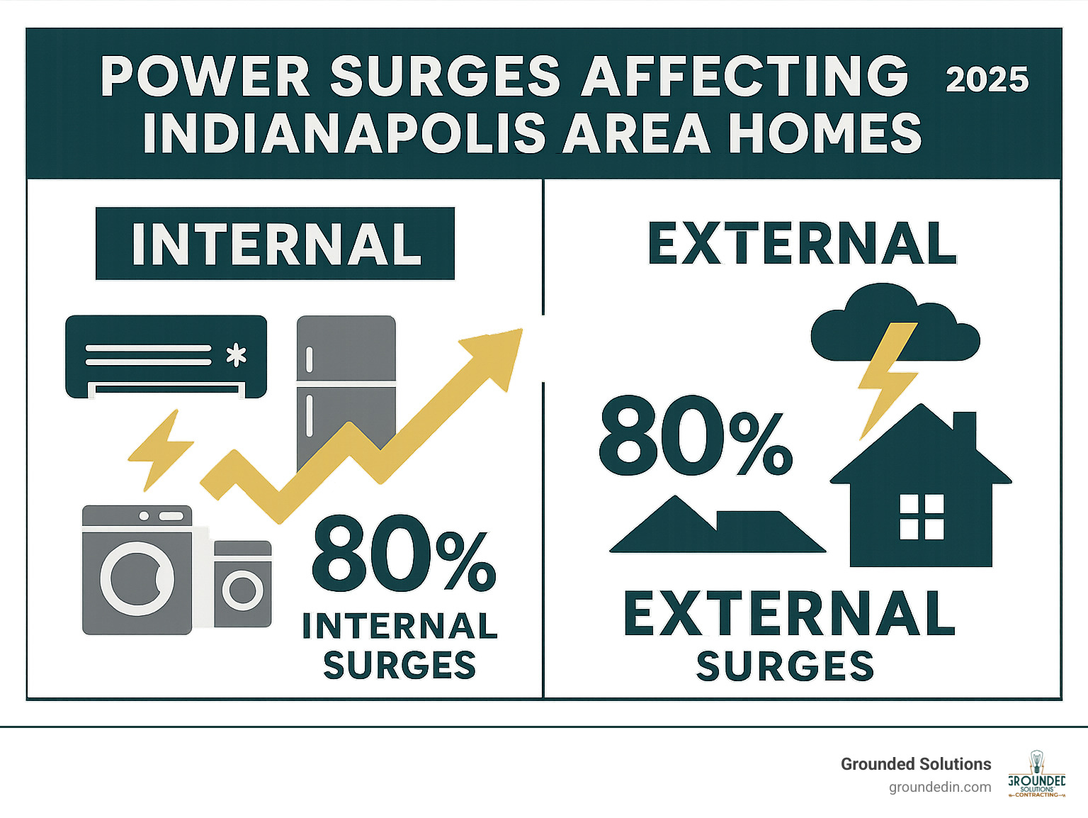 Infographic showing internal surge sources like HVAC systems and appliances versus external sources like lightning strikes, with percentages showing 80% internal and 20% external power surges affecting Indianapolis area homes - Whole-Home Surge Protector Installation Indianapolis infographic 