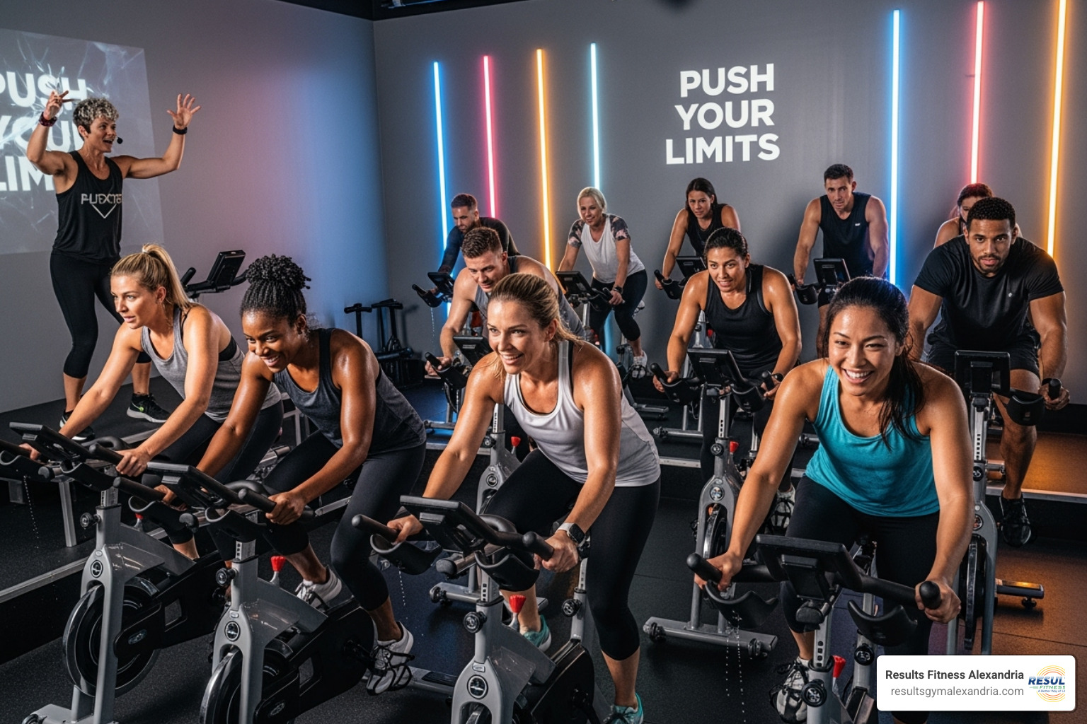 an energetic indoor cycling class - different fitness classes