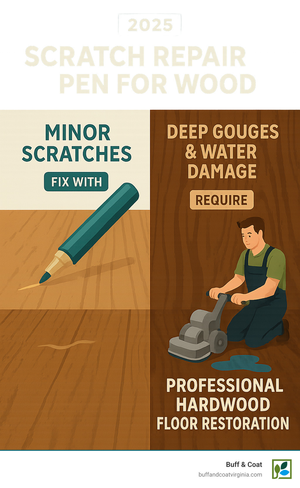 Infographic showing comparison between minor scratches that can be fixed with repair pens versus deep gouges and water damage that require professional hardwood floor restoration services - scratch repair pen for wood infographic Infographic showing comparison between minor scratches that can be fixed with repair pens versus deep gouges and water damage that require professional hardwood floor restoration services - scratch repair pen for wood infographic