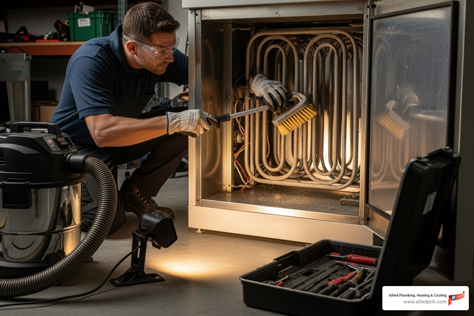 Technician professionally cleaning an electric furnace's heating coils - Electric furnace service