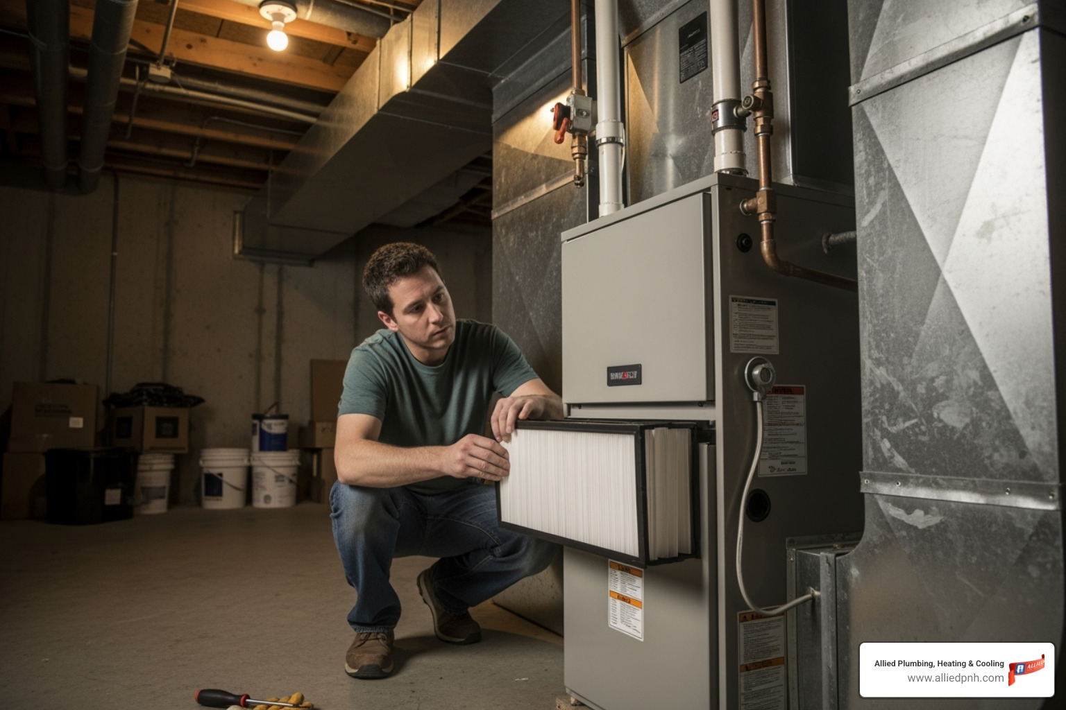 Homeowner replacing a furnace air filter - Electric furnace service