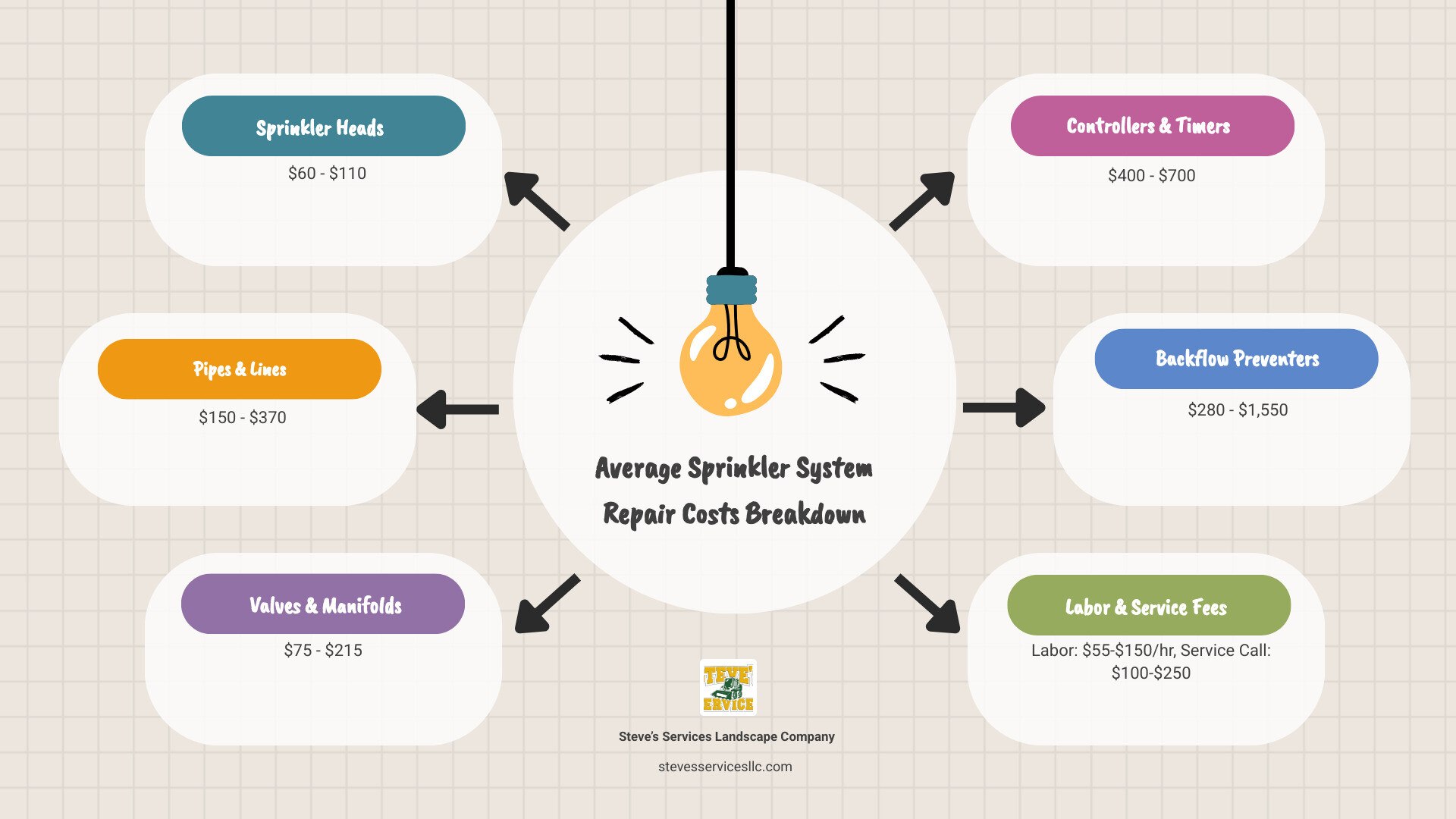 Detailed breakdown of average sprinkler system repair costs showing ranges for common repairs including sprinkler heads ($60-110), pipes ($150-370), valves ($75-215), controllers ($400-700), and backflow preventers ($280-1550), with labor rates of $55-150 per hour and typical service call fees of $100-250 - how much does sprinkler system repair cost infographic brainstorm-6-items