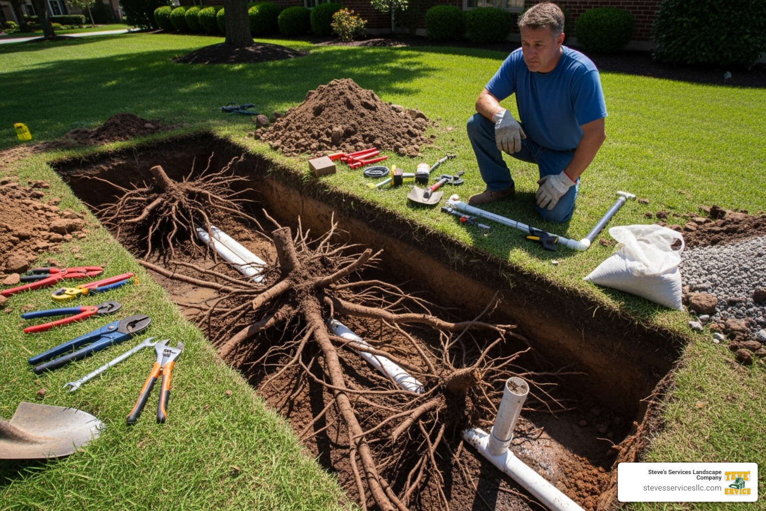 A complex sprinkler repair site with digging required near tree roots - how much does sprinkler system repair cost