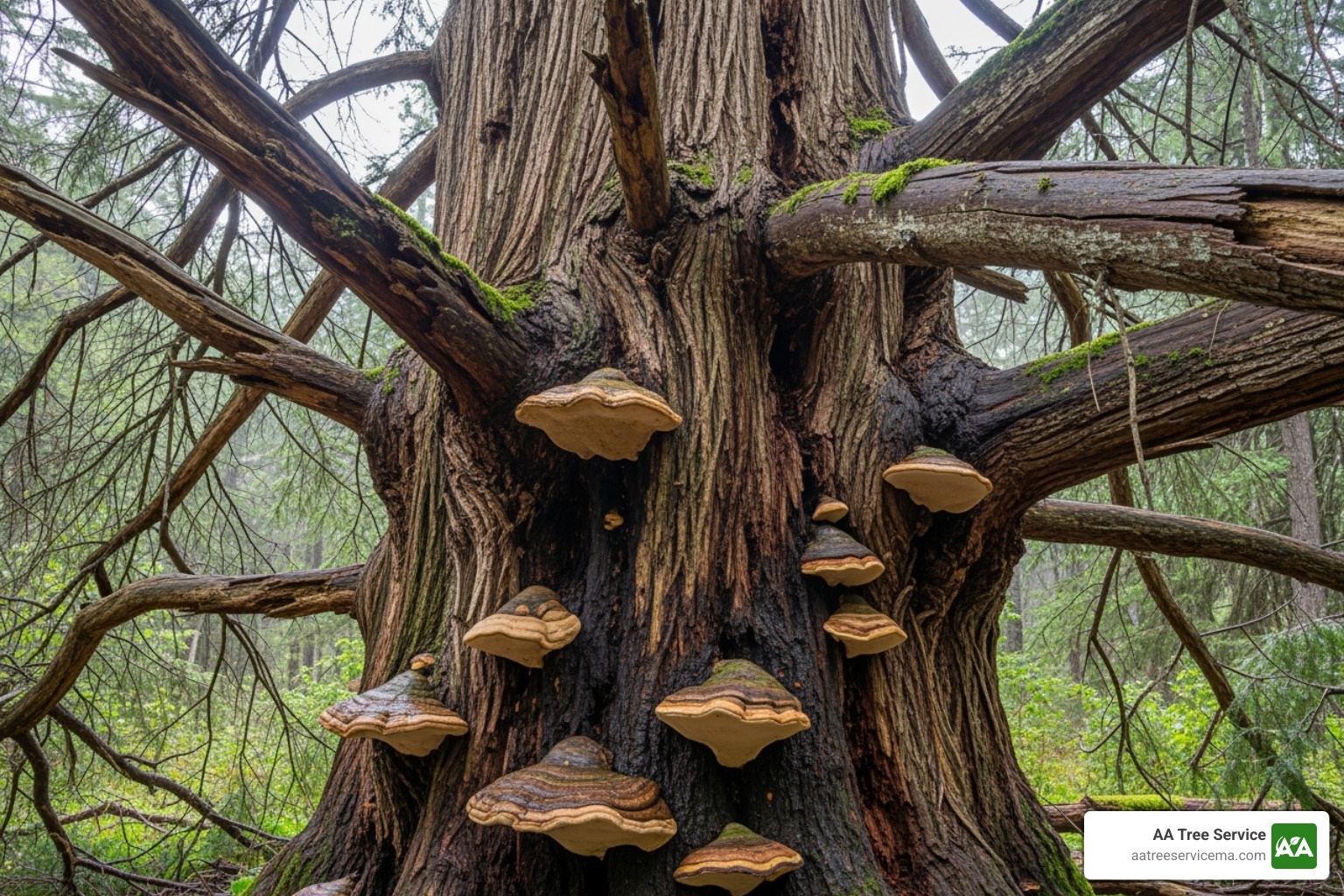 A large, old tree with several dead branches, some of which are hanging precariously. There are also visible signs of fungus and rot on the tree trunk near the base. - tree surgeon local to me A large, old tree with several dead branches, some of which are hanging precariously. There are also visible signs of fungus and rot on the tree trunk near the base. - tree surgeon local to me