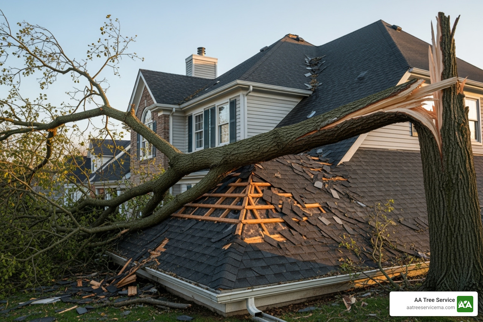 A large, broken tree branch has fallen and is resting on the roof of a residential house. The roof appears damaged, and debris is scattered around the area. - tree surgeon local to me A large, broken tree branch has fallen and is resting on the roof of a residential house. The roof appears damaged, and debris is scattered around the area. - tree surgeon local to me