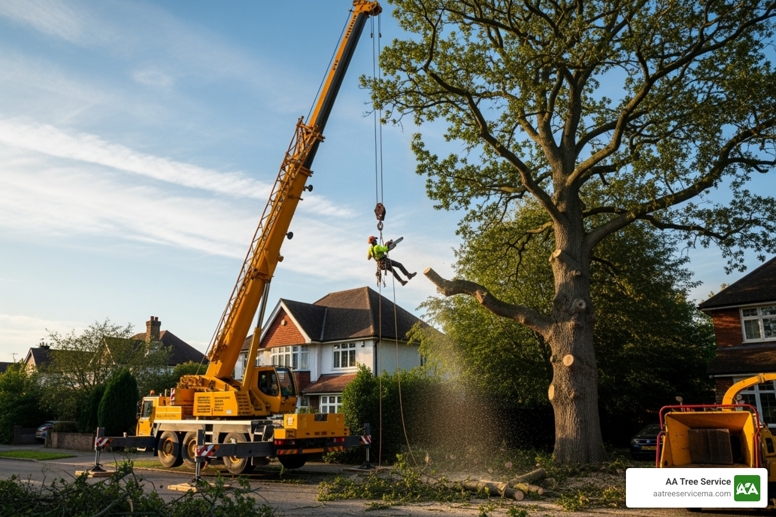A large, yellow crane with an extended boom is positioned next to a tall tree. A tree surgeon is visible in the tree, attached to the crane's hook, cutting branches. The crane is positioned near a residential home, indicating a complex tree removal operation. - tree surgeon local to me A large, yellow crane with an extended boom is positioned next to a tall tree. A tree surgeon is visible in the tree, attached to the crane's hook, cutting branches. The crane is positioned near a residential home, indicating a complex tree removal operation. - tree surgeon local to me