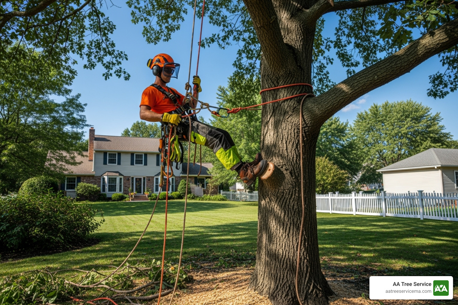 A professional tree surgeon, wearing appropriate safety gear including a helmet, harness, and gloves, is carefully descending from a large tree using ropes. The background shows a residential property. - tree surgeon local to me A professional tree surgeon, wearing appropriate safety gear including a helmet, harness, and gloves, is carefully descending from a large tree using ropes. The background shows a residential property. - tree surgeon local to me