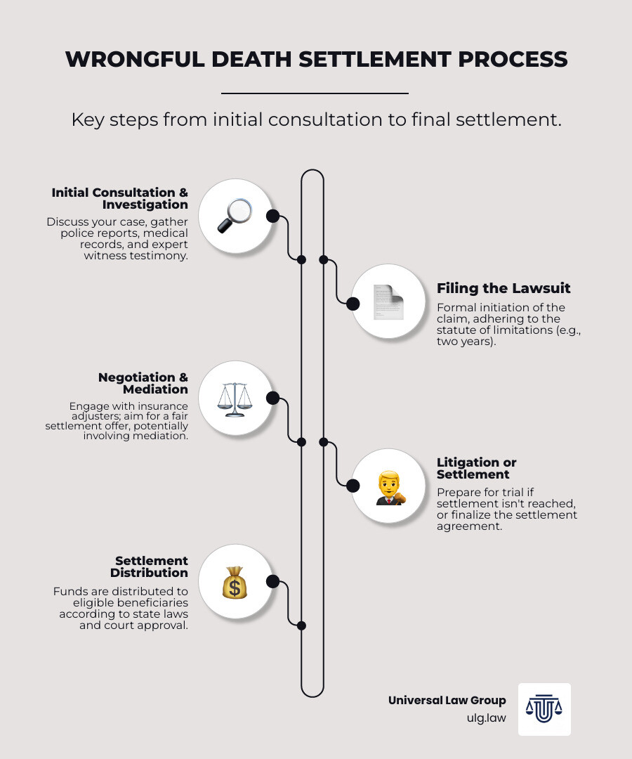 Detailed infographic showing the wrongful death settlement process from initial consultation through final settlement, including key steps like evidence gathering, filing deadlines, damage calculations, insurance negotiations, and settlement distribution to eligible family members - wrongful death lawsuit settlement infographic infographic-line-5-steps-neat_beige