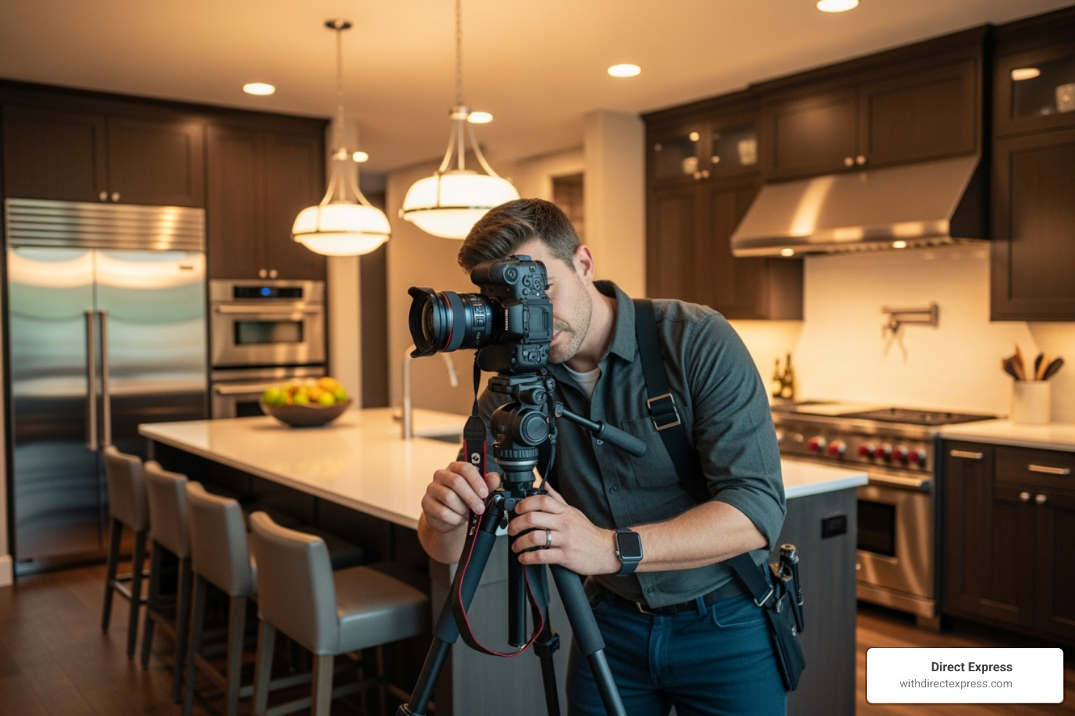 Professional real estate photographer taking photos of a kitchen - Home selling checklist
